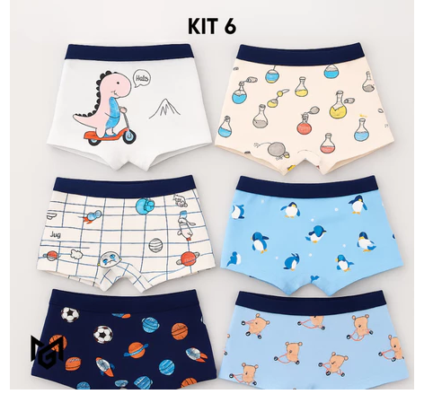 KIT 2, 4 ou 6 Cuecas Infantis Boxer 100% Algodão Toque Macio, Conforto e Estampas Divertidas