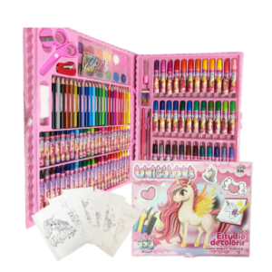 Kit Escolar Infantil de Pintura com 150 Peças, Maleta Rosa e Tema Unicórnio