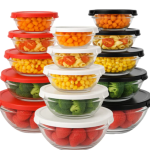 Conjunto 5 Potes de Vidro Hermetico Bowl Tigela Com Tampa Marmita Alimentos Preto Branco