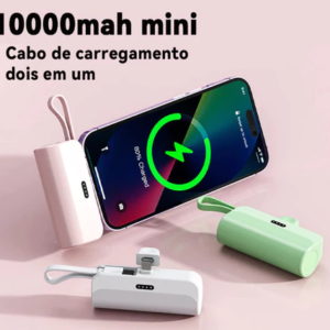 Carregador Portátil Mini Power Bank 10000mAh Com 02 Saídas Tipo-C / Lightning